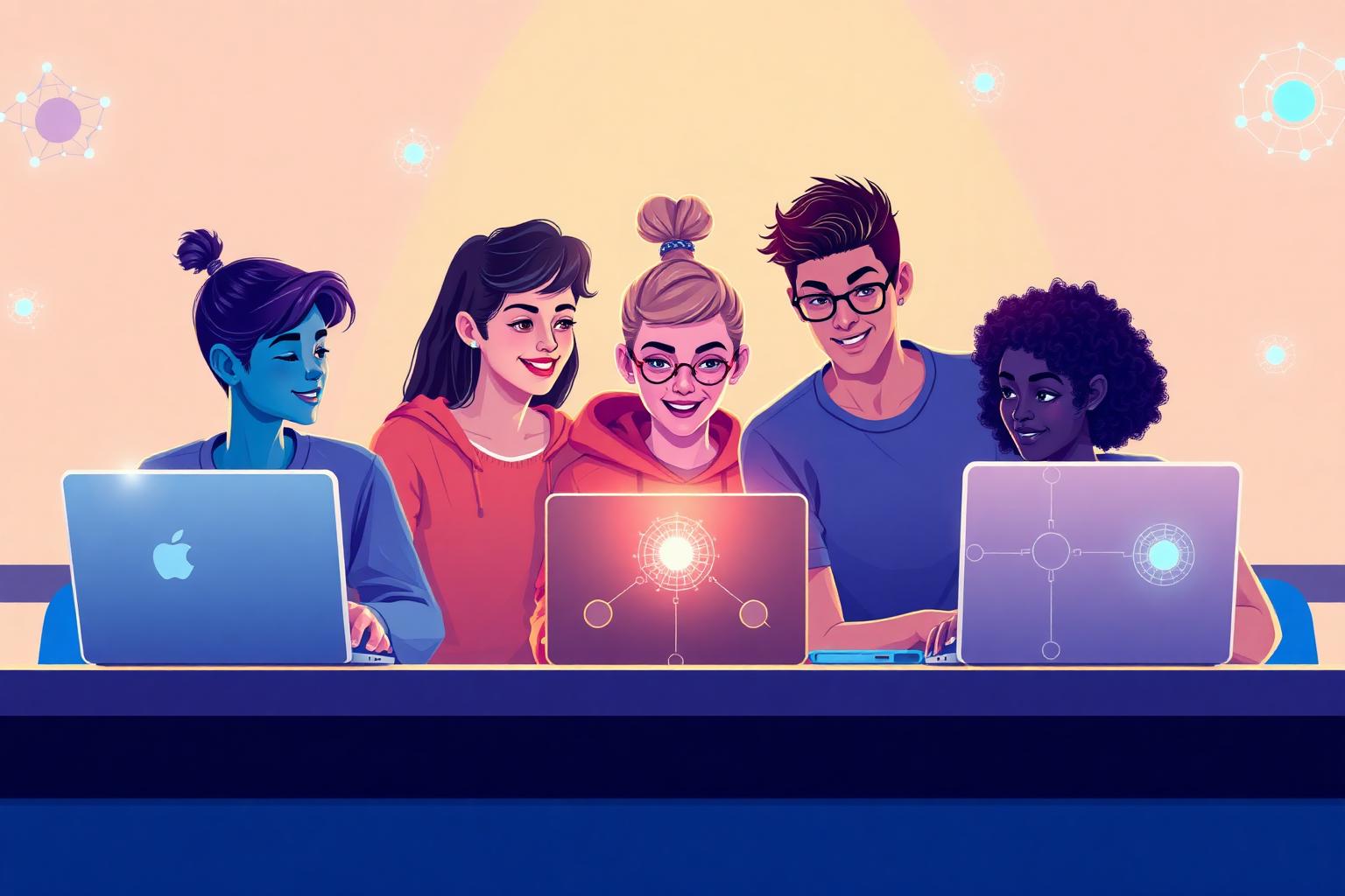 Teen students learning AI together on laptops